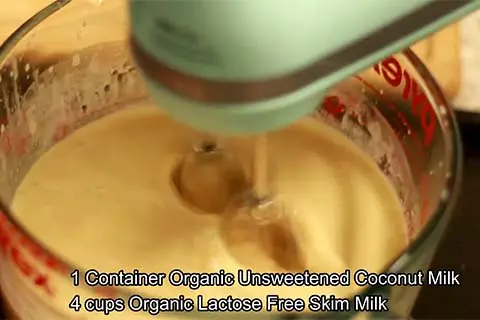 Add coconut milk and lactose-free skim milk