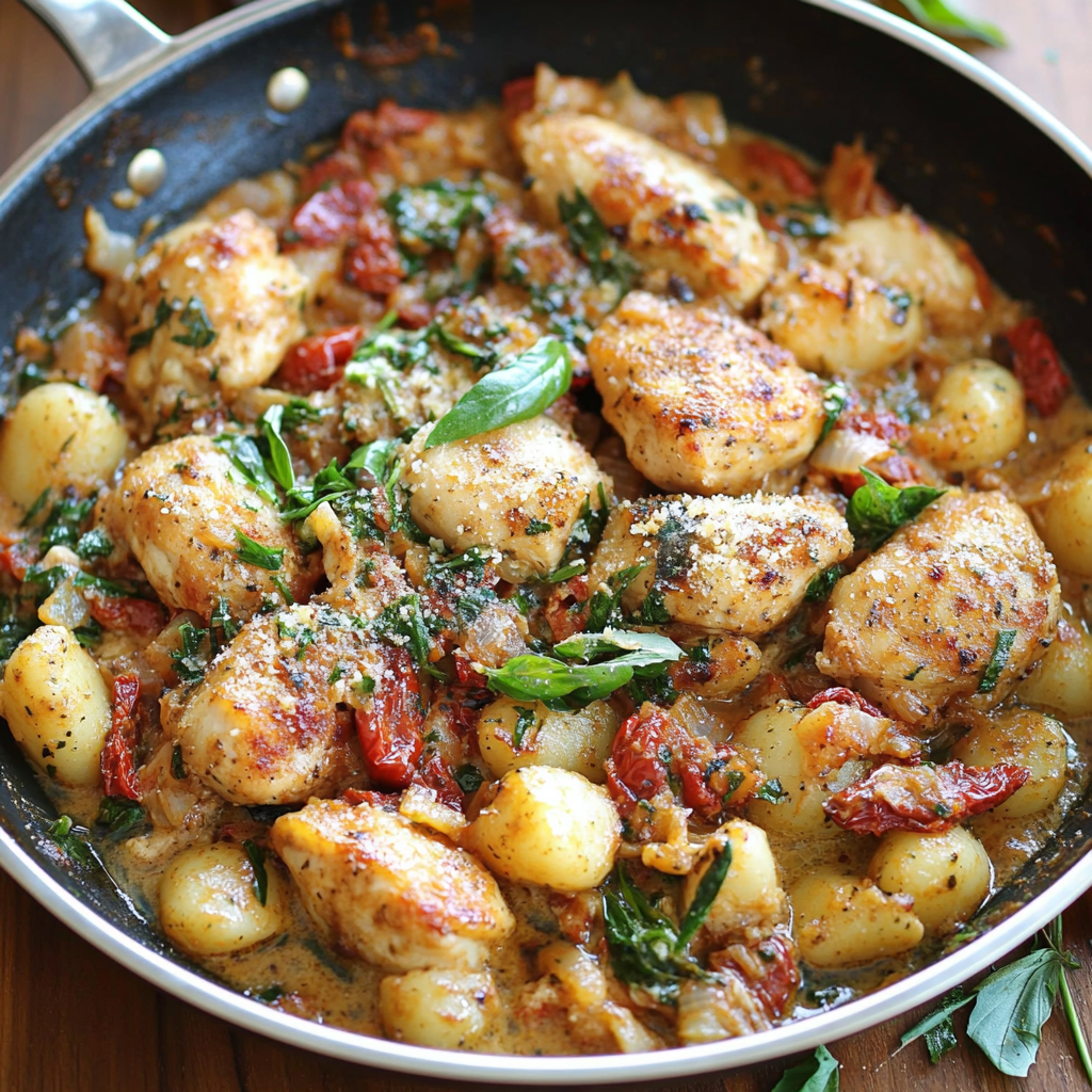 Amazing One Skillet Sun-Dried Tomato Chicken and Gnocchi Delight