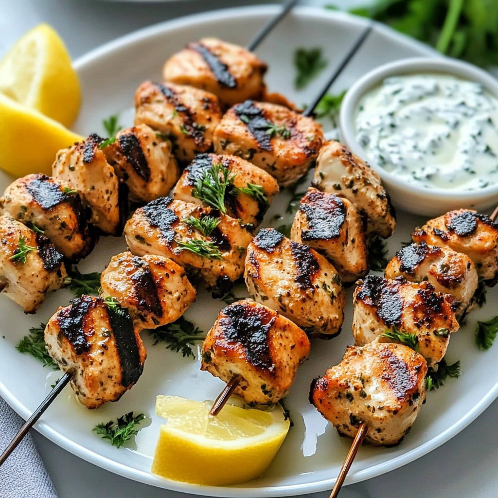 Greek Lemon Chicken Skewers with Tzatziki Sauce