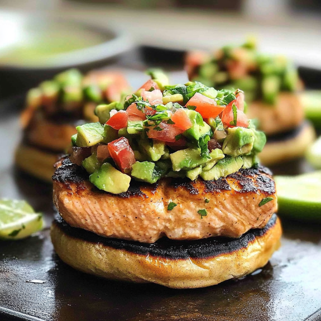 Amazing Grilled Salmon Burgers with Avocado Salsa Delight