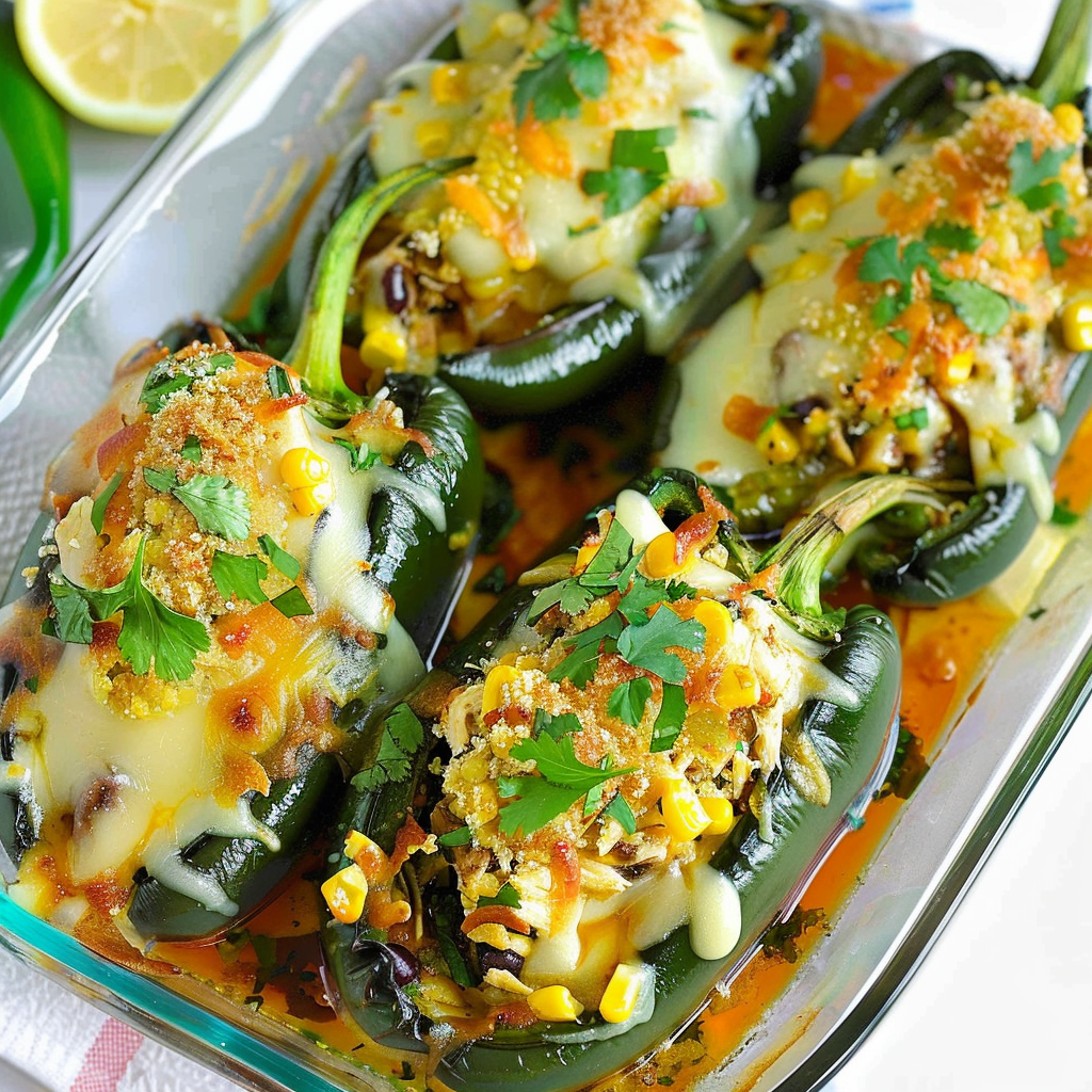 Amazing Cheesy Chicken and Corn Stuffed Poblano Peppers Delight