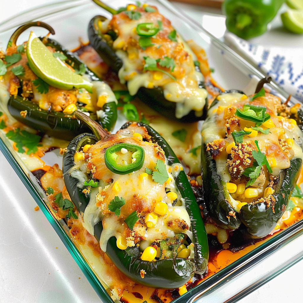 Cheesy Chicken and Corn Stuffed Poblano Peppers