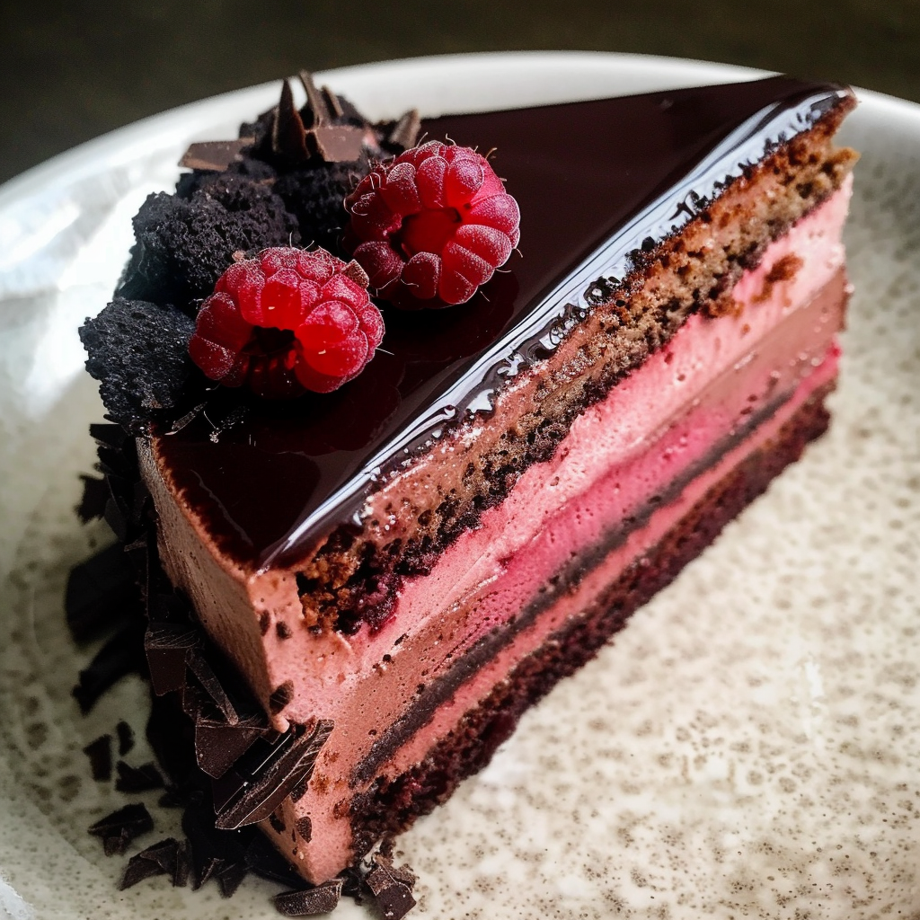 Chocolate and Raspberry Mousse Cake with Dark Chocolate Mirror Glaze