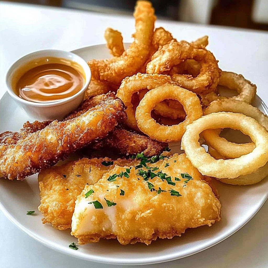 Amazing Crispy Battered Cod and Onion Rings Platter Delight