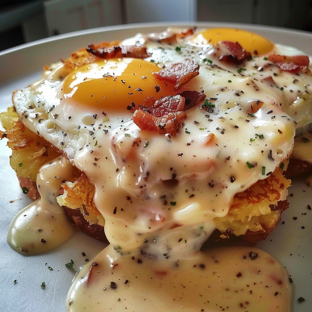 Egg Topped Hash Browns With Bacon Gravy