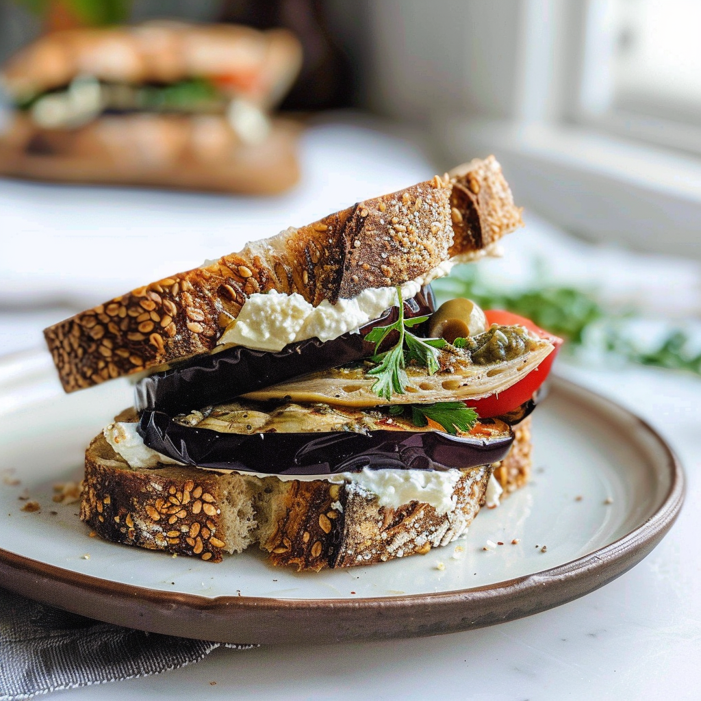 Eggplant and feta sandwich with olive spread