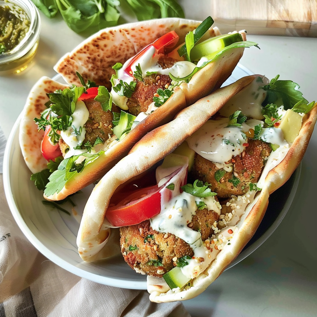 Falafel pita sandwich with tahini