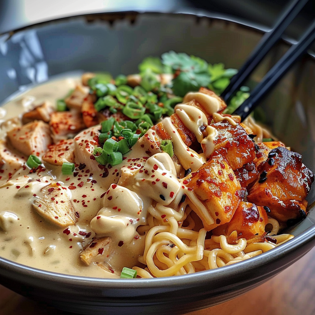Fiery Chicken Ramen with Creamy Garlic Sauce: Incredible Delight
