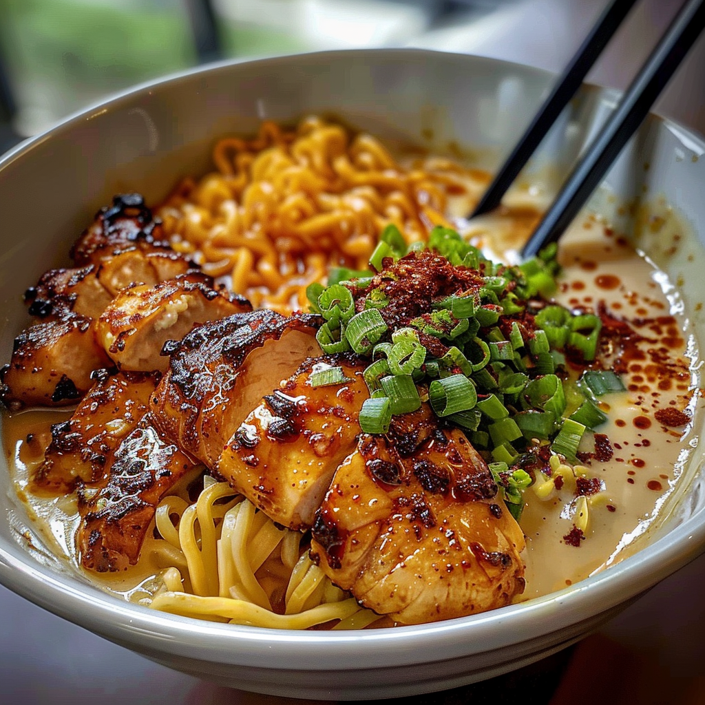 Fiery Chicken Ramen with Creamy Garlic Sauce