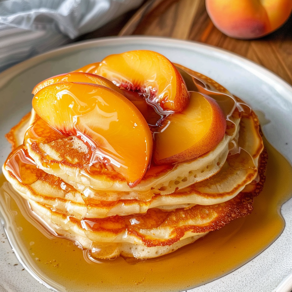 Fluffy Peach Pancakes with Syrup