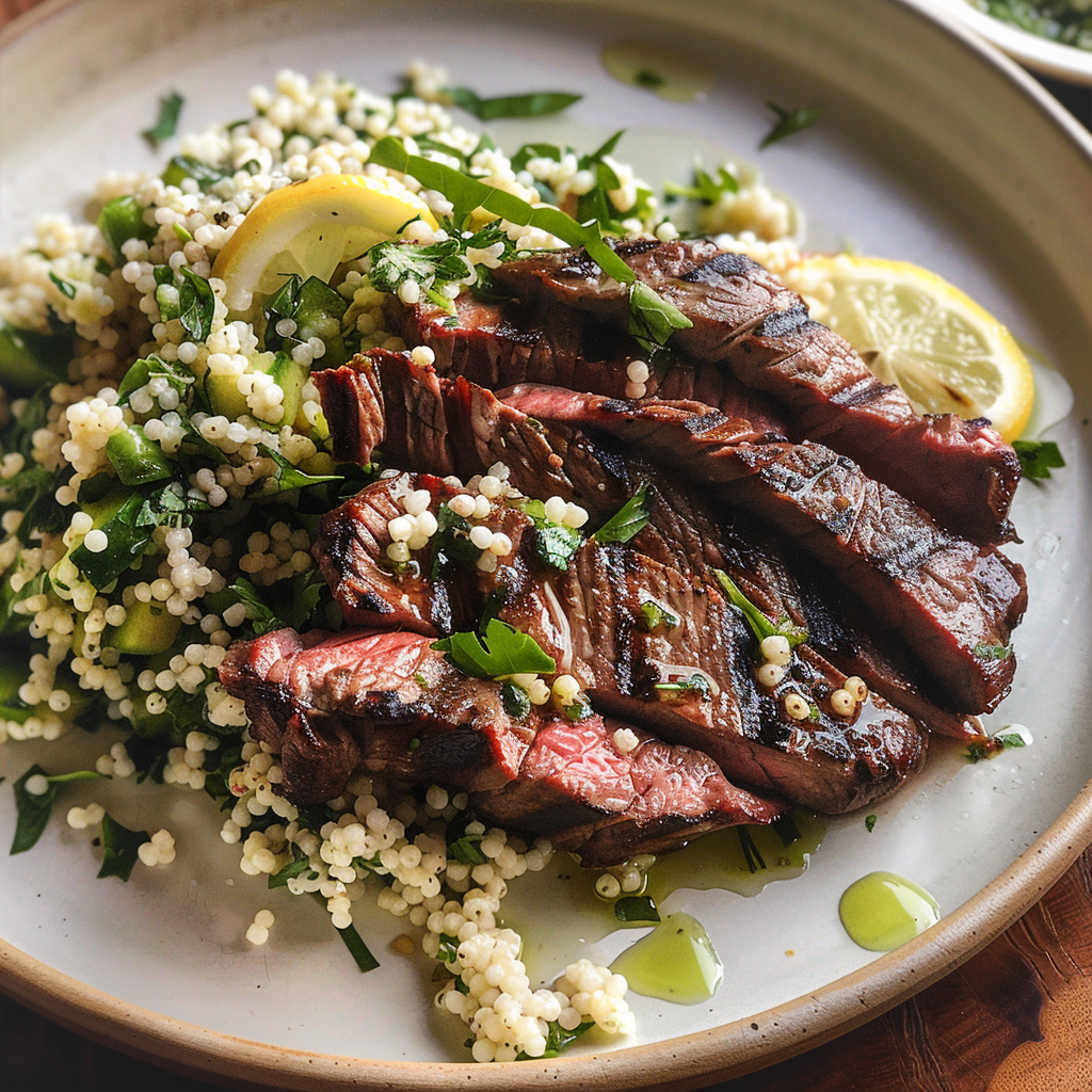 Amazing Grilled Skirt Steak with Lemon Herb Couscous Salad
