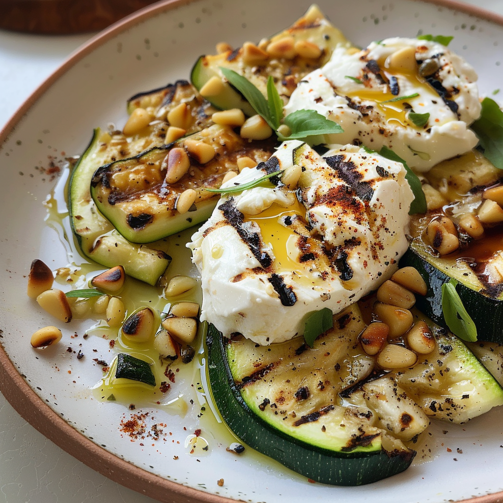 Amazing Grilled Zucchini with Burrata and Pine Nuts Delight