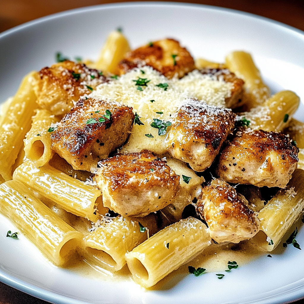 Amazing Lemon & Garlic Chicken Bites with Creamy Rigatoni Parmesan