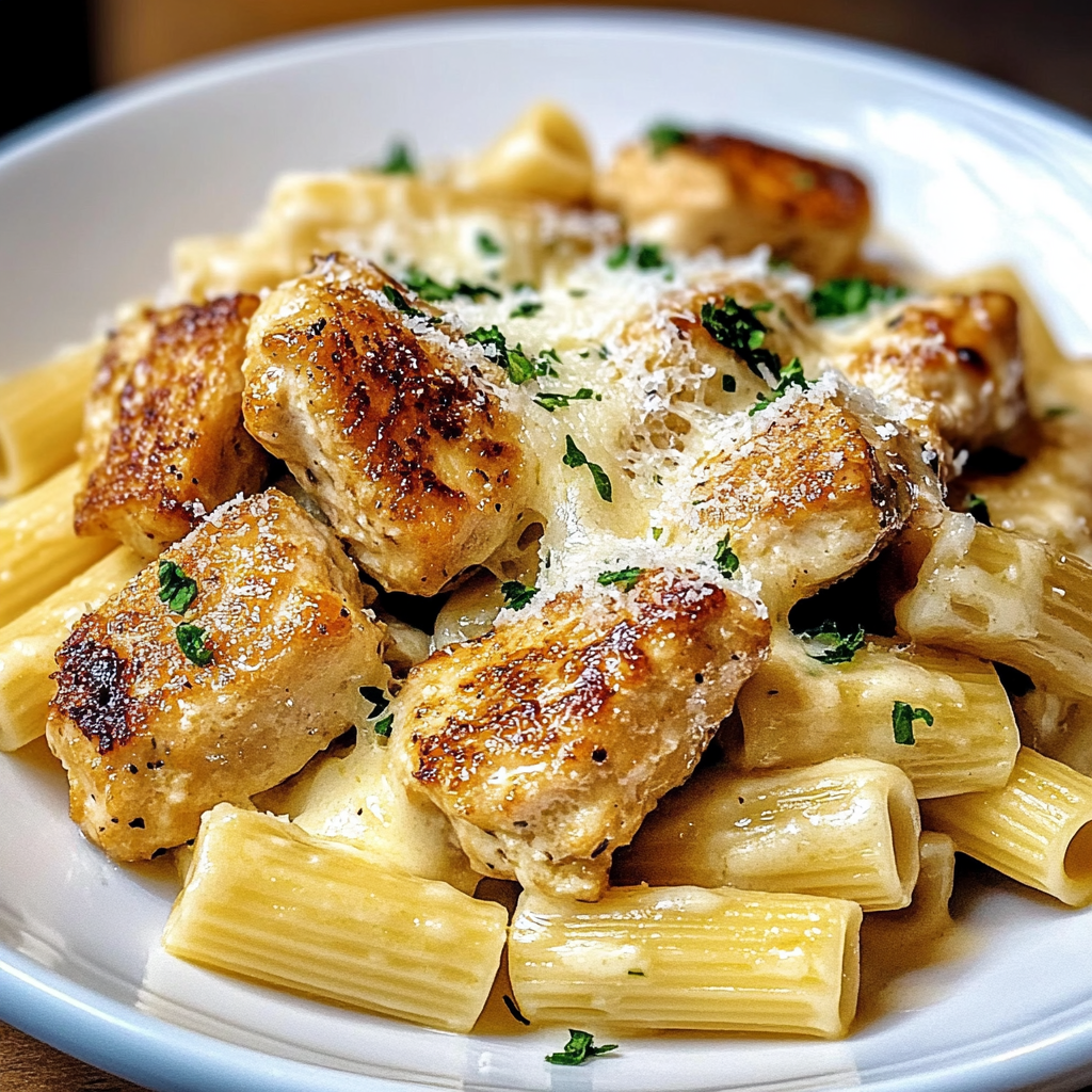 Lemon & Garlic Chicken Bites with Creamy Rigatoni Parmesan