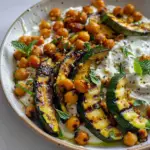 Amazing Lemony Grilled Zucchini & Crispy Chickpeas Over Tzatziki