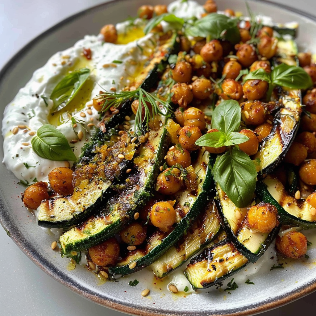Lemony Grilled Zucchini & Crispy Chickpeas Over Tzatziki