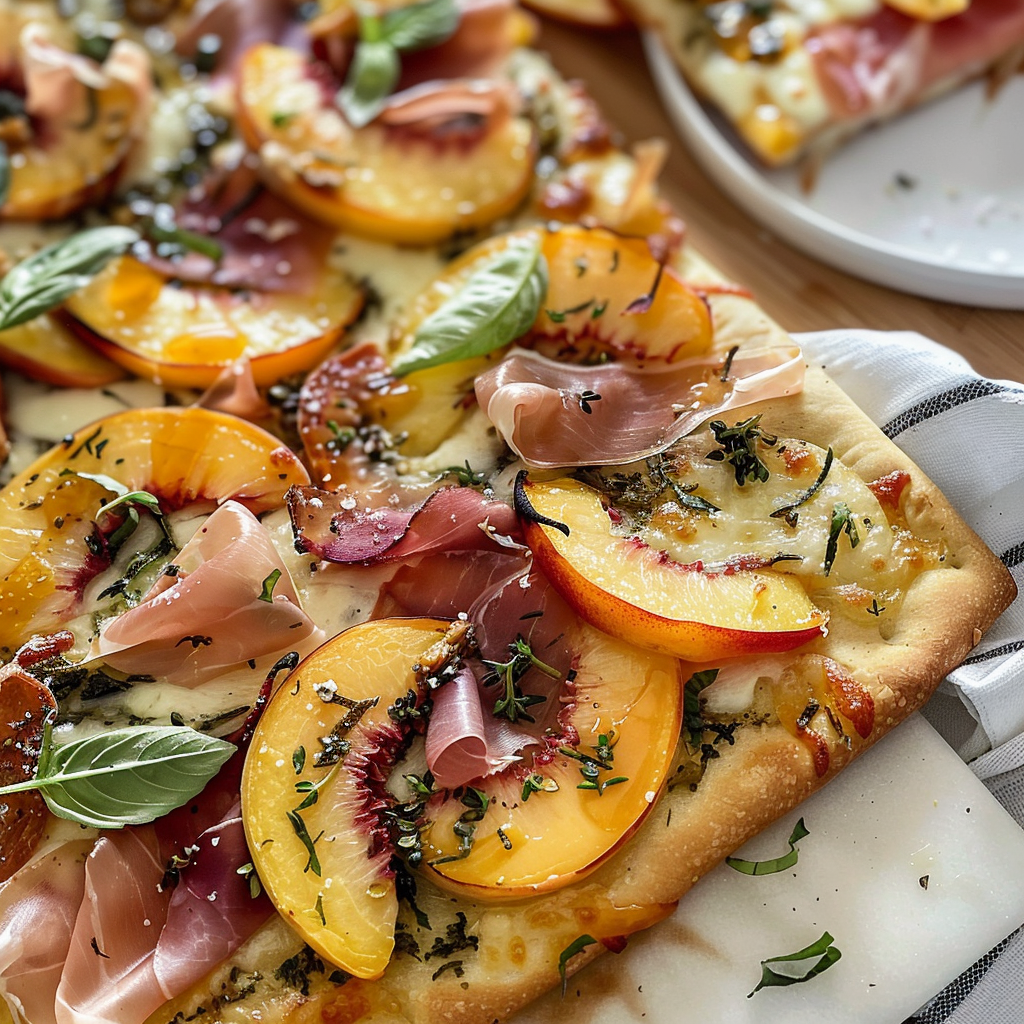 Peach and prosciutto flatbread