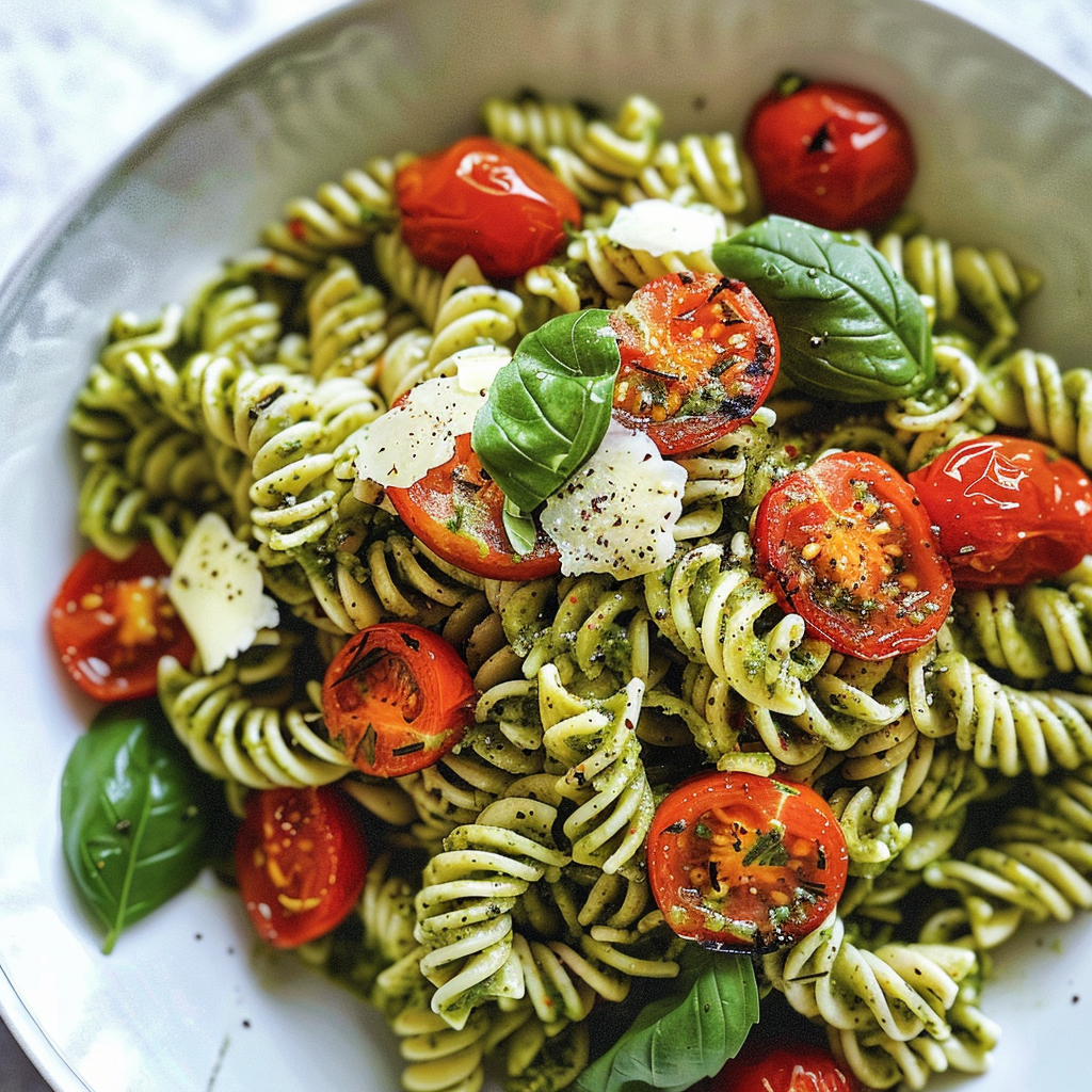 Pesto pasta with roasted cherry tomatoes