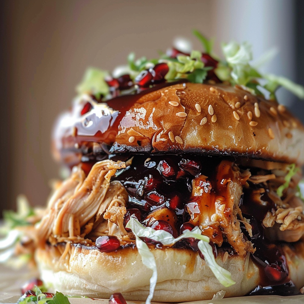 Pulled chicken sandwich with pomegranate glaze