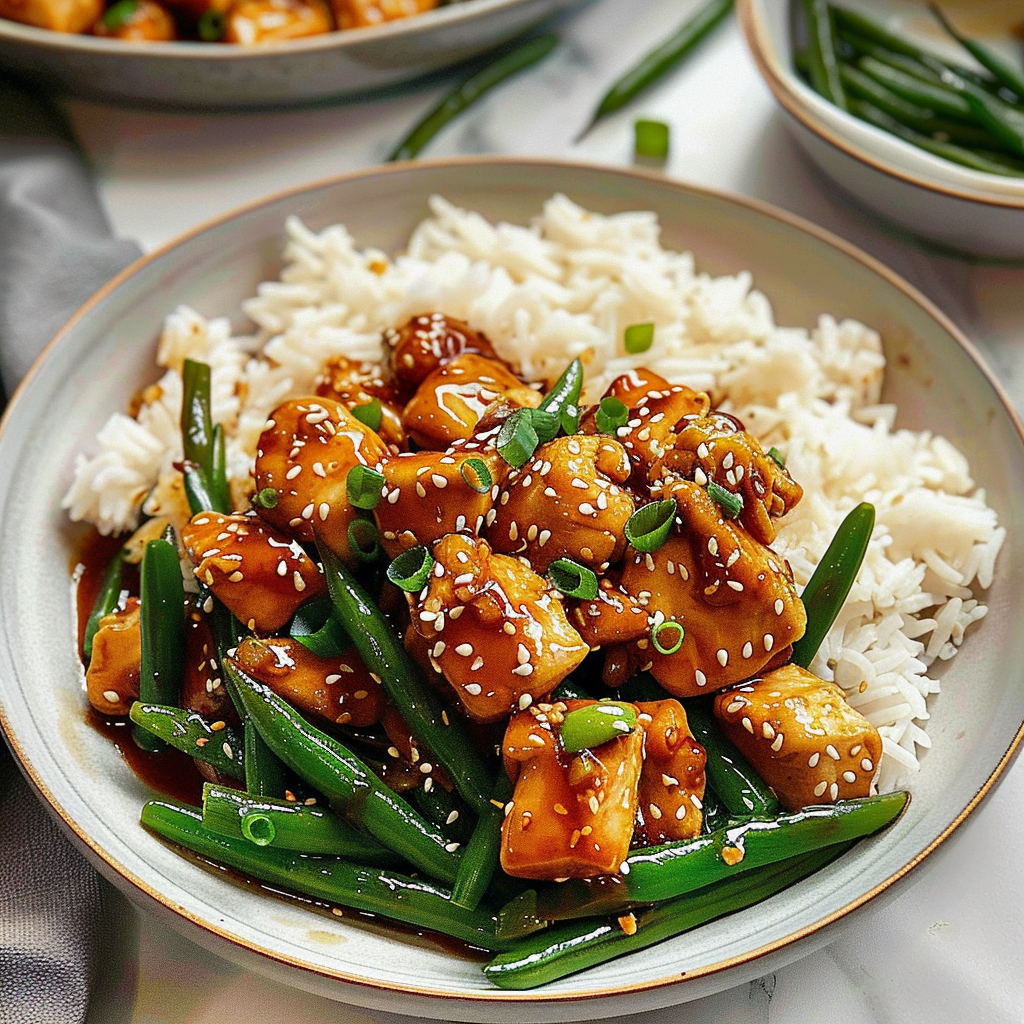 Amazing Sesame Chicken with Green Beans and Rice Delight