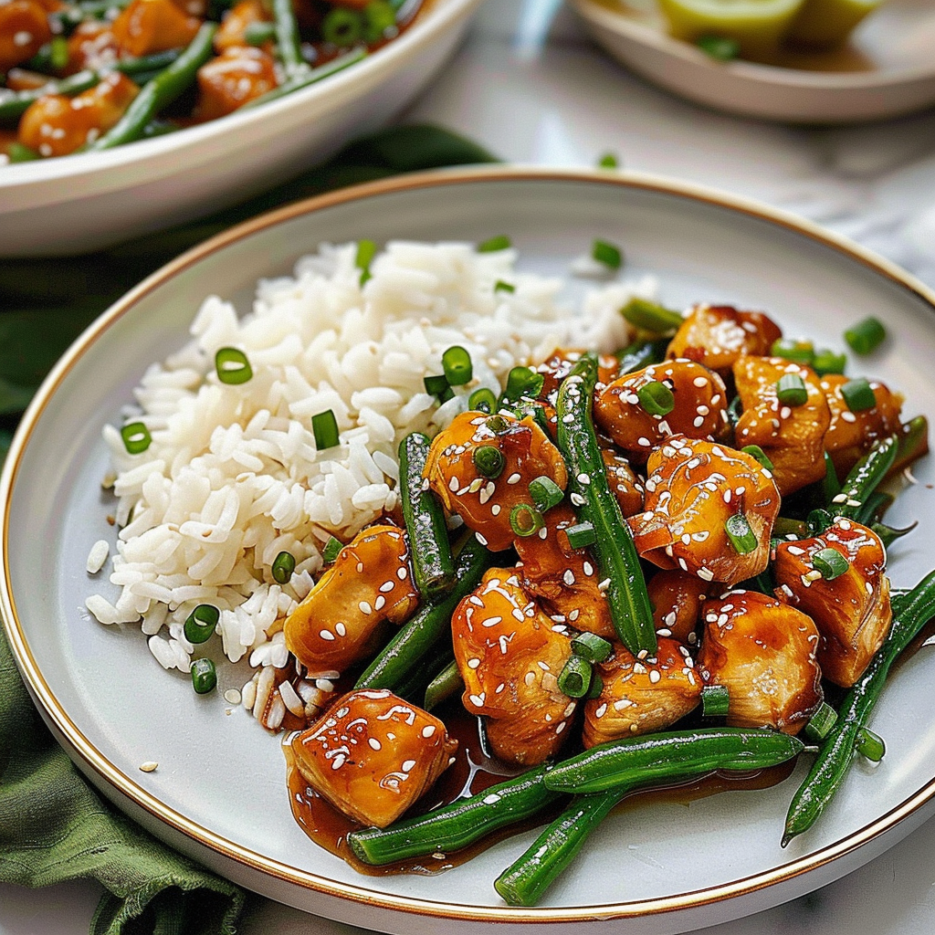 Sesame Chicken with Green Beans and Rice