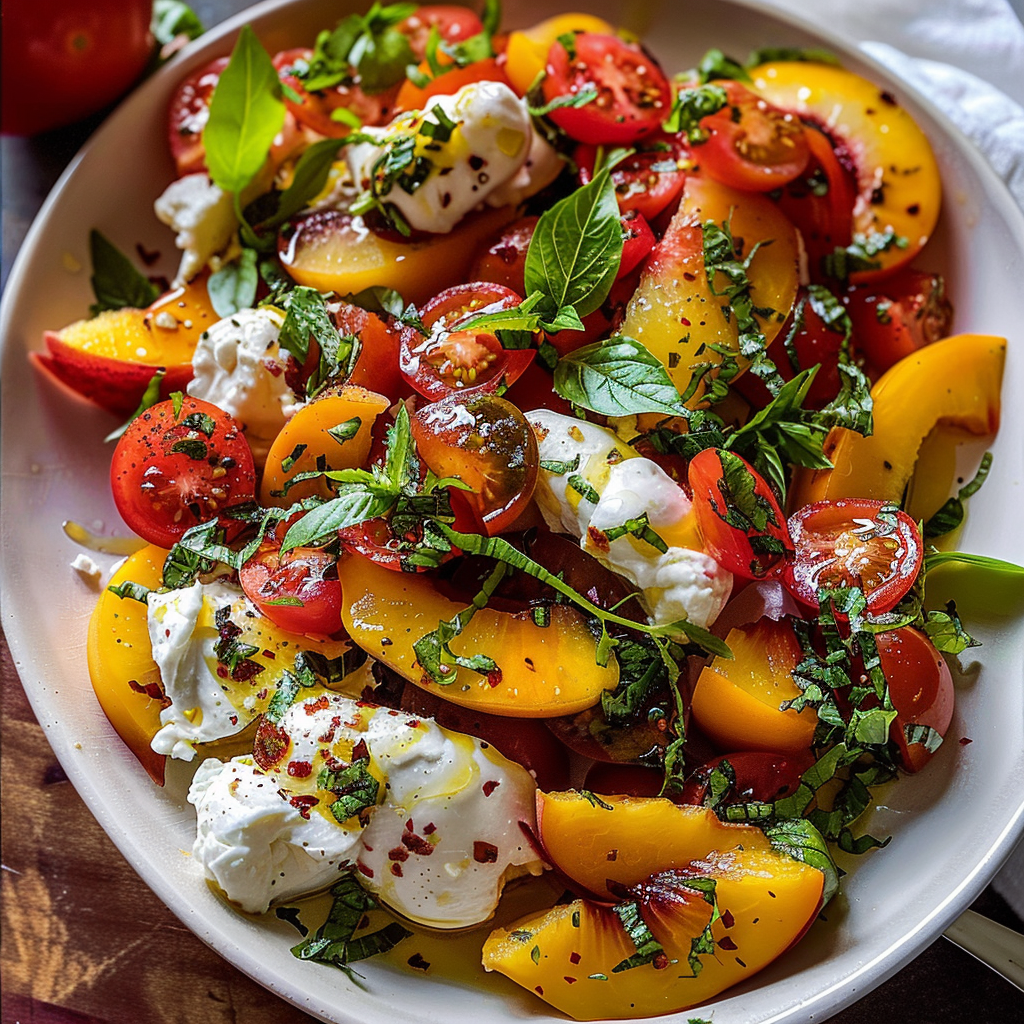 Tomato peach burrata salad