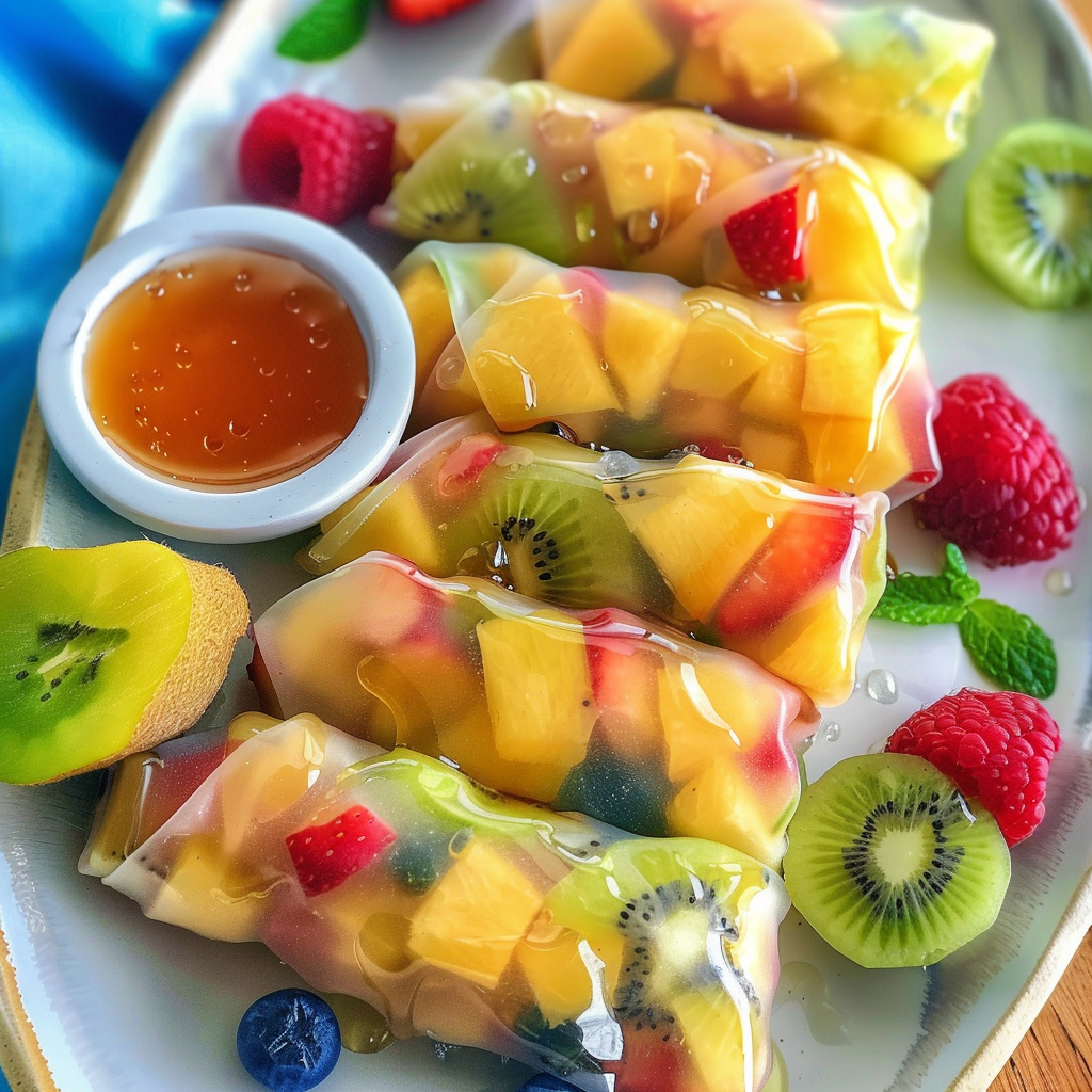 Tropical fruit spring rolls with honey dip