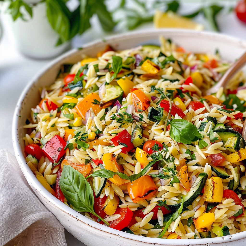 Zesty orzo salad with roasted veggies