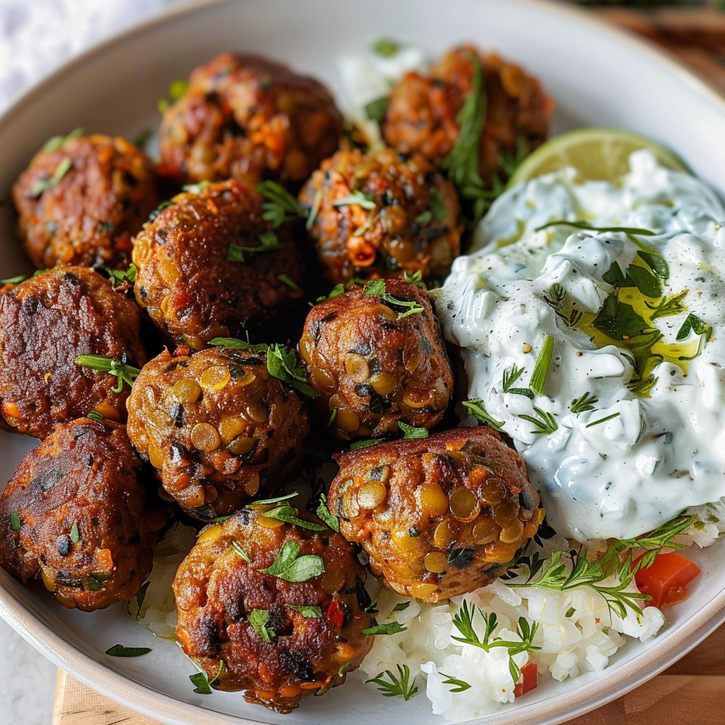 Baked Greek Lentil Meatballs with tzatziki