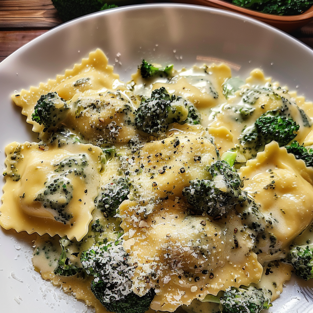 Creamy Date Night Broccoli Alfredo Ravioli