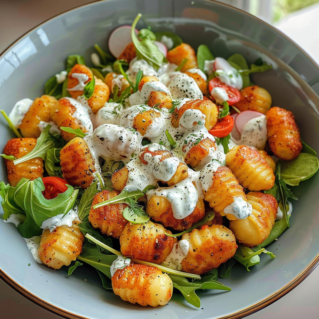 Crispy gnocchi salad with yogurt dressing