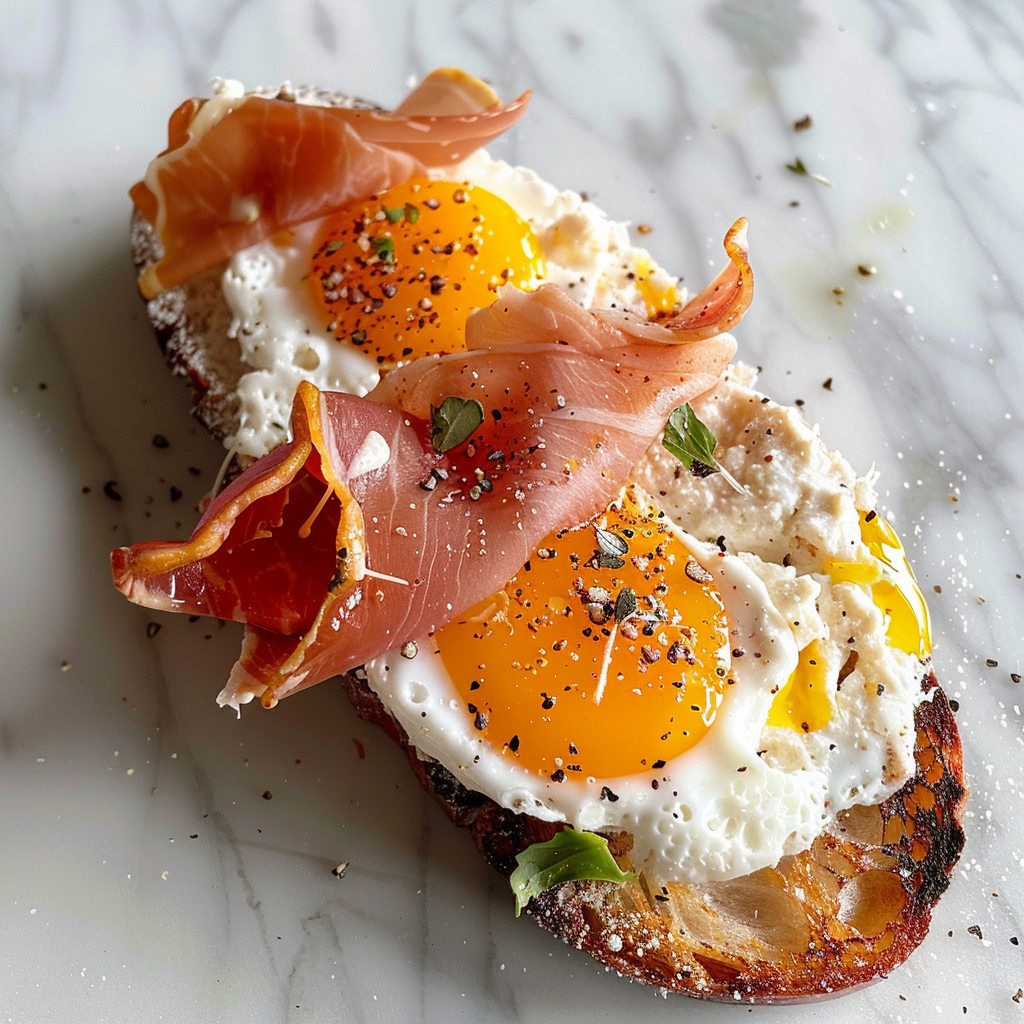 Fried Egg Yolk, Burrata and Prosciutto Toast