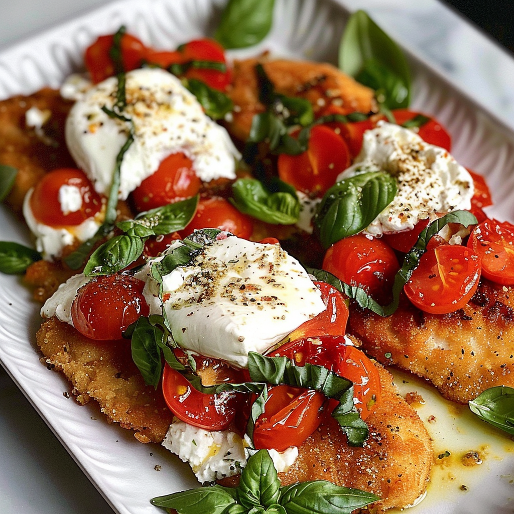 Italian Basil Chicken Cutlets with Tomato and Burrata Topping