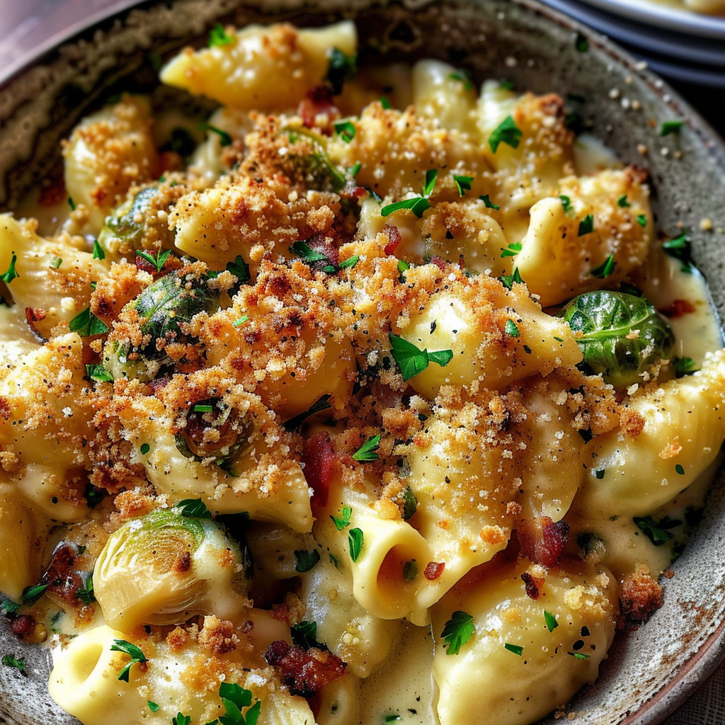 Mac and Cheese with Brussels Sprouts & Bacon Breadcrumbs