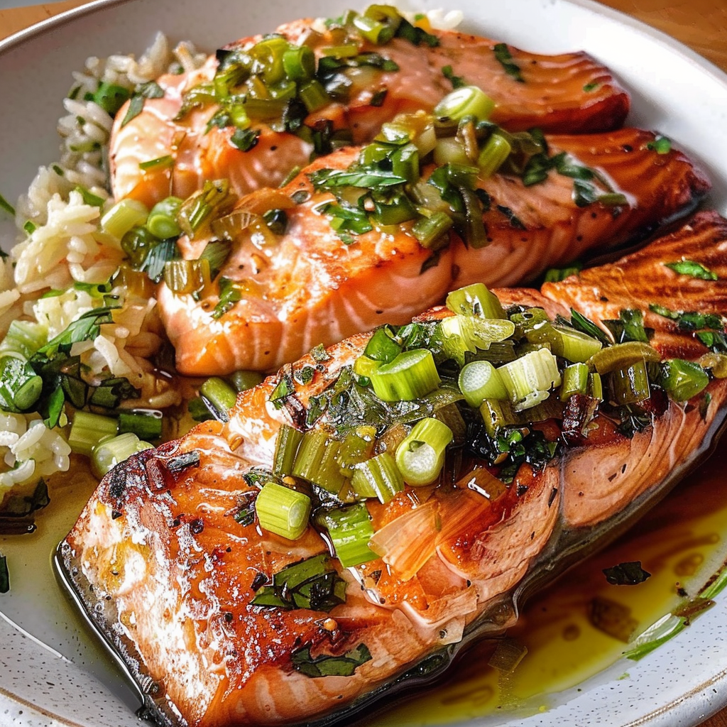 Amazing Miso Butter Salmon with Sizzled Scallion Salsa Verde