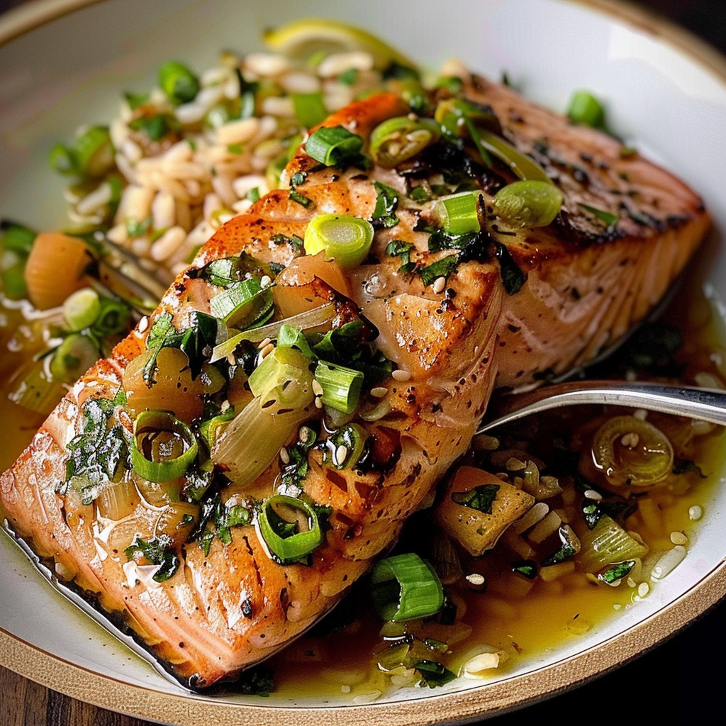 Miso Butter Salmon with Sizzled Scallion Salsa Verde