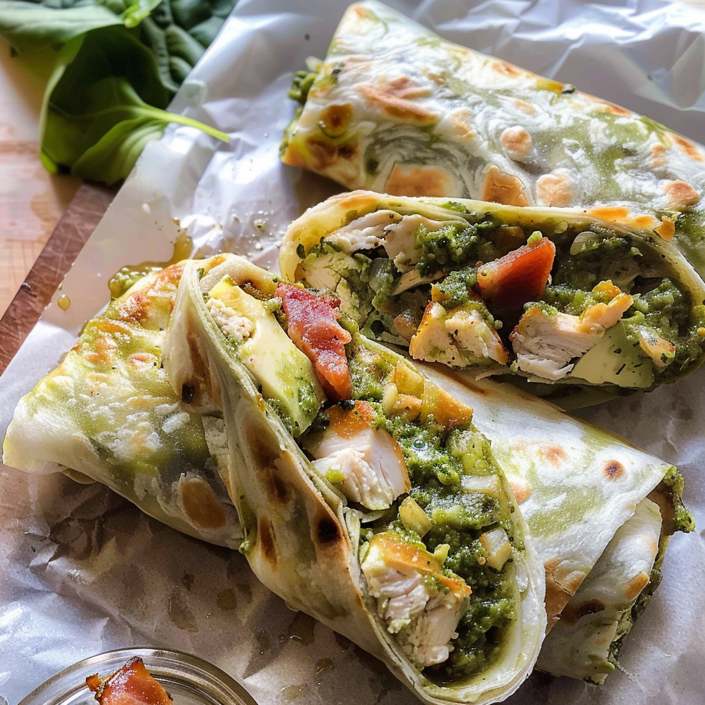 Incredible Pesto Chicken and Avocado Bacon Salad Wraps