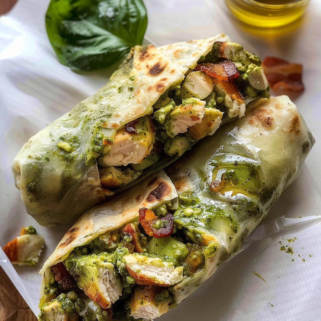Pesto Chicken and Avocado Bacon Salad Wraps
