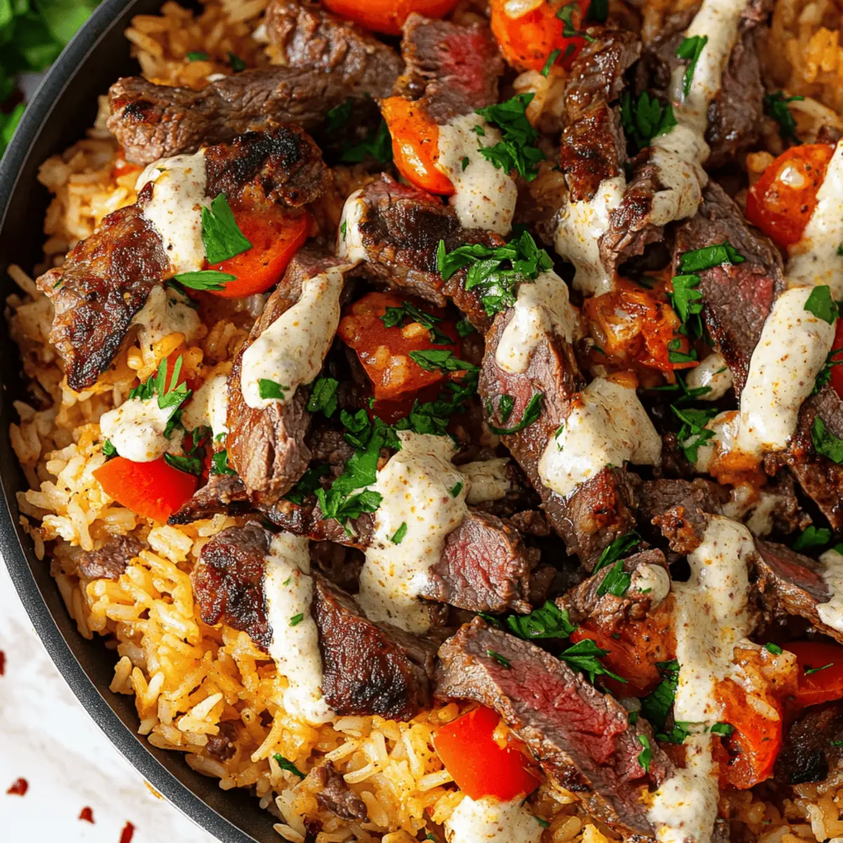 Creamy Queso Rice with Juicy Steak Strips