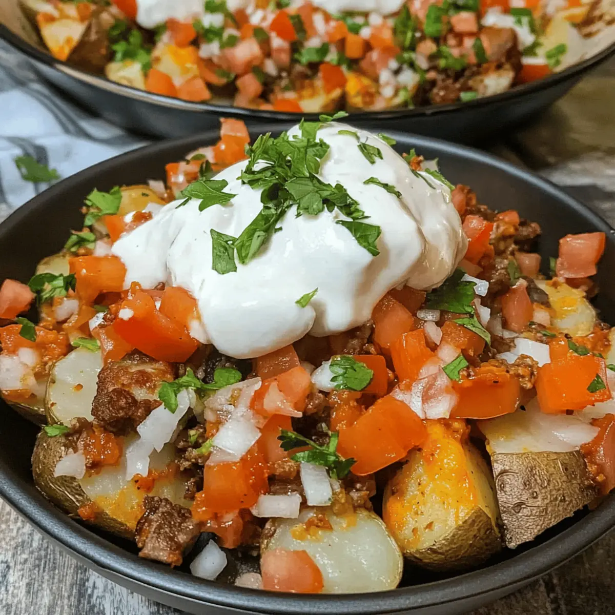 Delicious Loaded Fiesta Potato Bowls with Cheesy Queso and Beef
