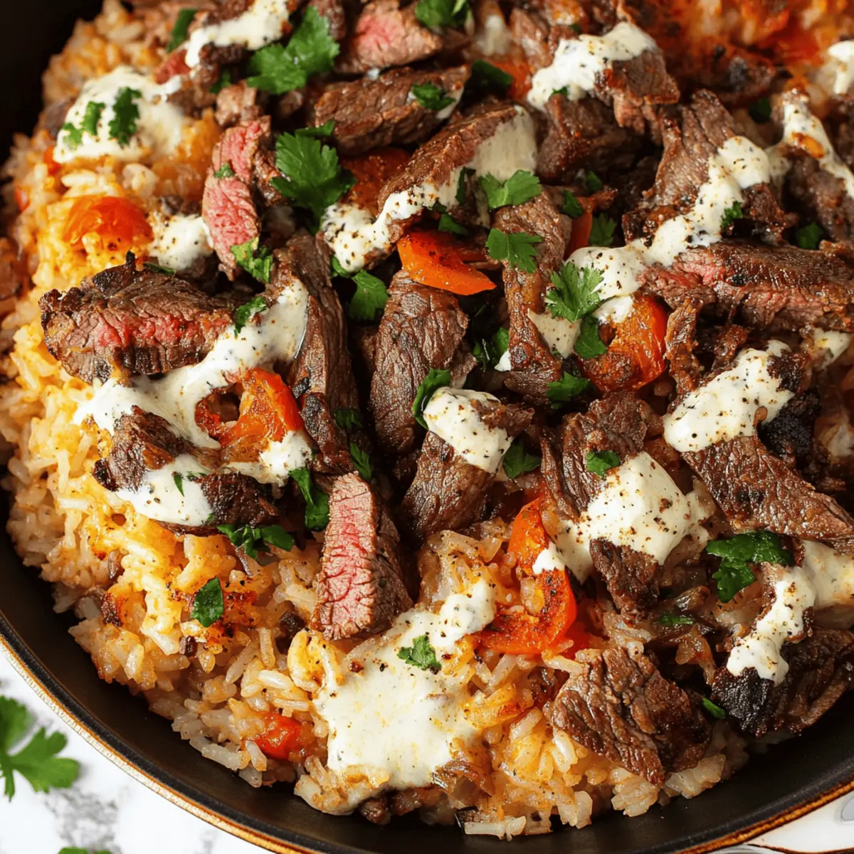 Creamy Queso Rice with Juicy Steak Strips for a Flavorful Meal