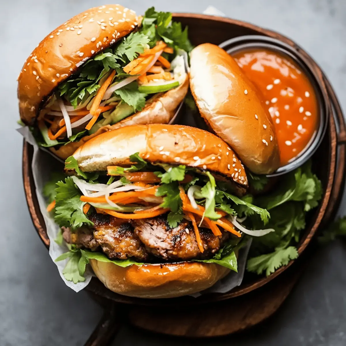 Delicious Pork Banh Mi Burger Recipe with Sriracha Mayo
