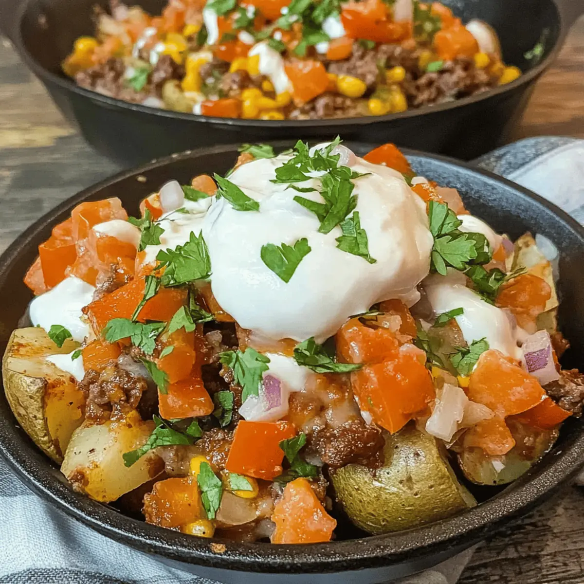 Delicious Loaded Fiesta Potato Bowls with Cheesy Queso and Beef