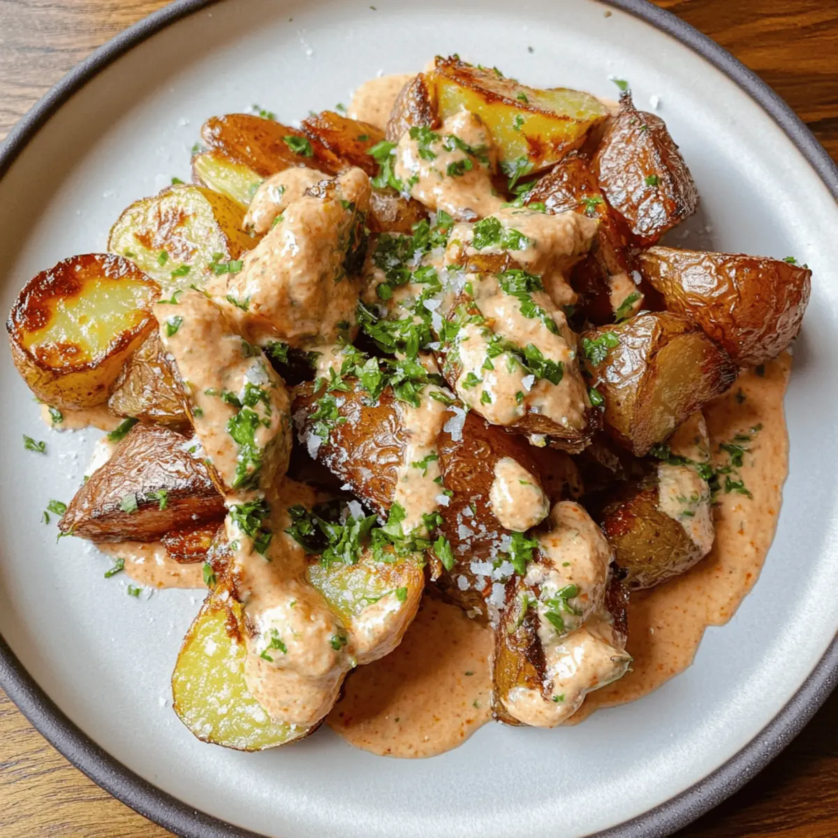 Crispy Pecorino Garlic Potatoes with Harissa Mayo Drizzle