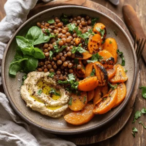 Roasted Carrots and Lentil Salad with Hummus