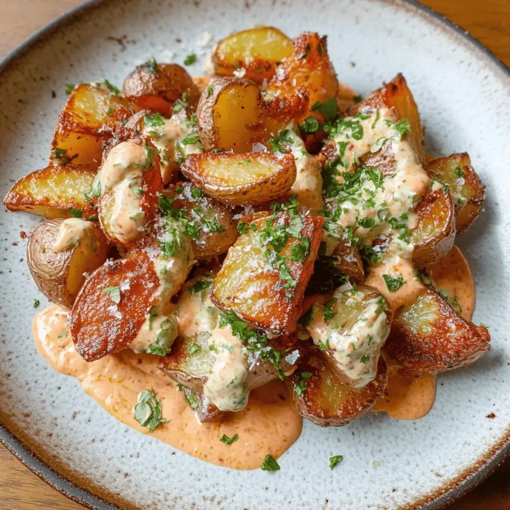 Pecorino Garlic Potatoes over Harissa Mayo