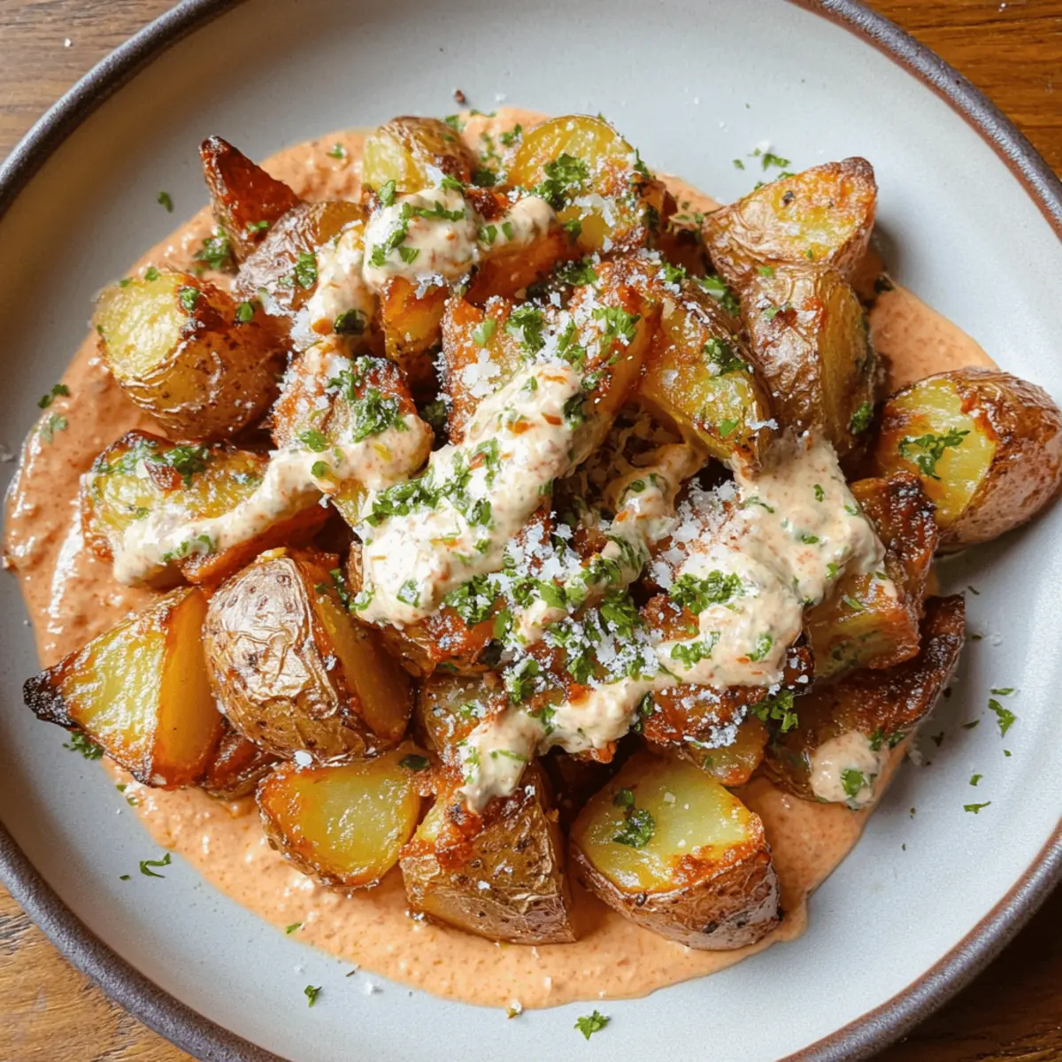 Crispy Pecorino Garlic Potatoes with Harissa Mayo Drizzle