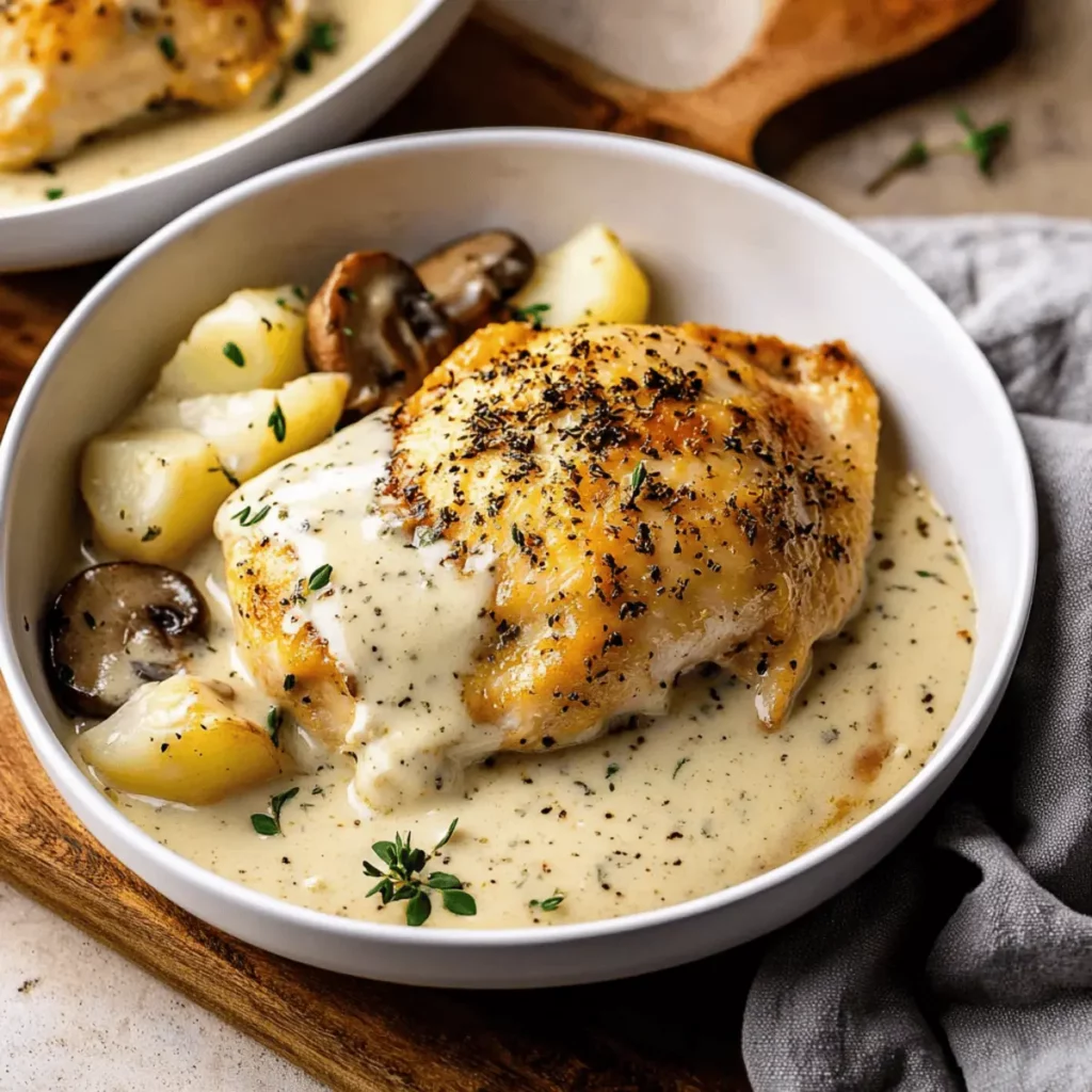 Herb Roasted Chicken in Creamy White Sauce with Mushroom and Potatoes