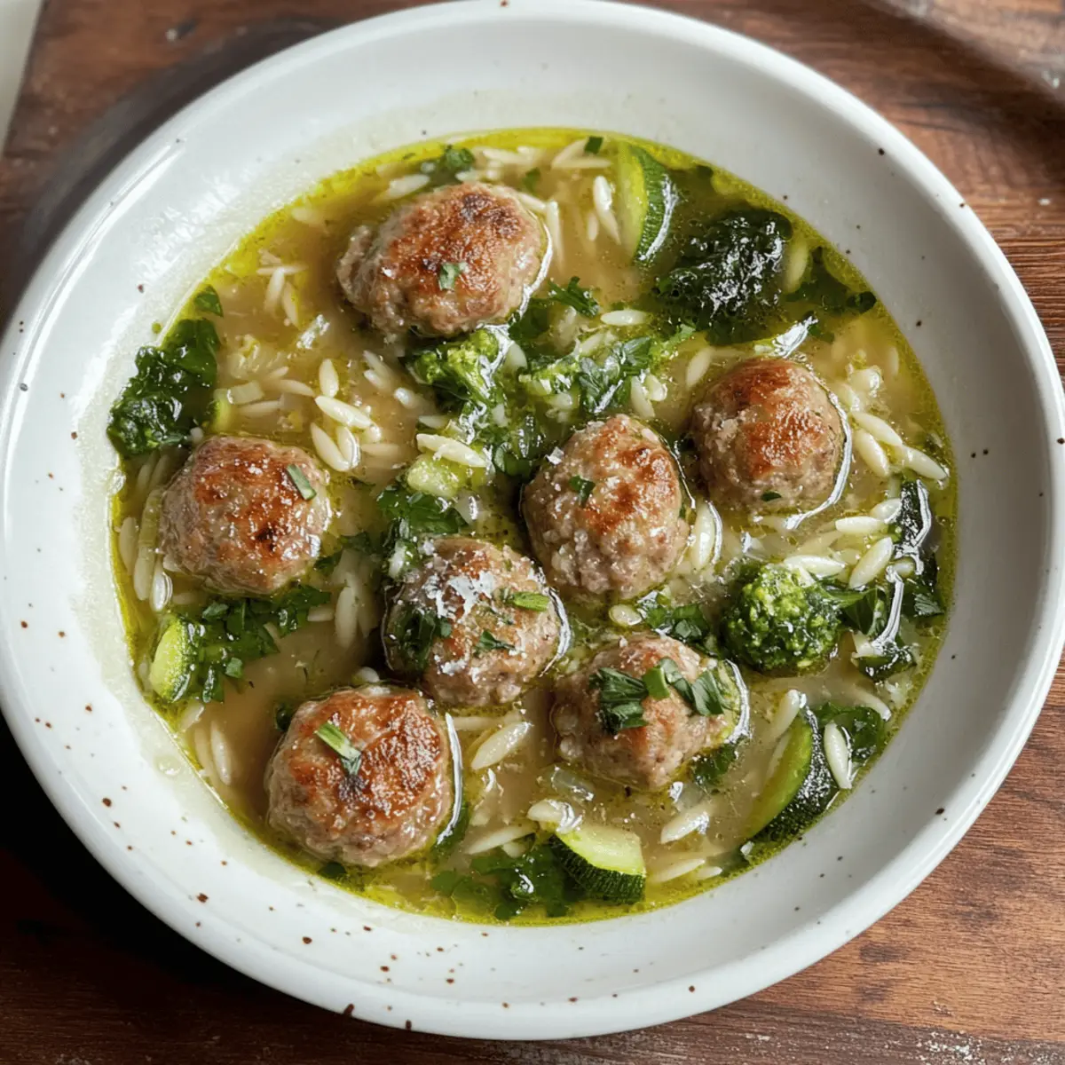 Pork Meatballs and Courgette Orzo Broth with Pesto Delight