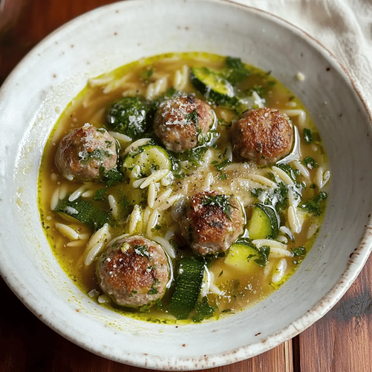 Pork Meatballs and Courgette Orzo Broth with Pesto Delight